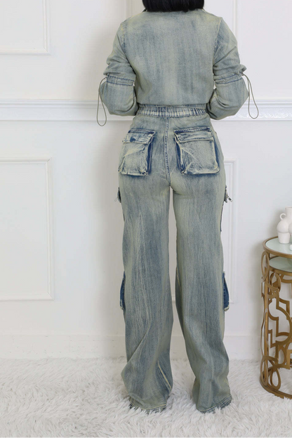 High Elastic Multi-Pocket Washed Denim Casual Two-Piece Suit