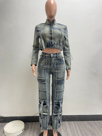 High Elastic Multi-Pocket Washed Denim Casual Two-Piece Suit