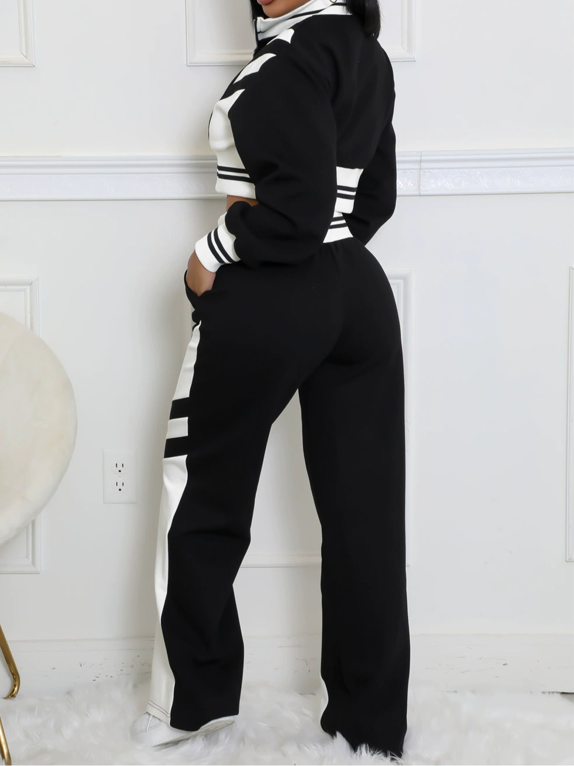 Contrast Color Wide-Leg Flared Pants Suit