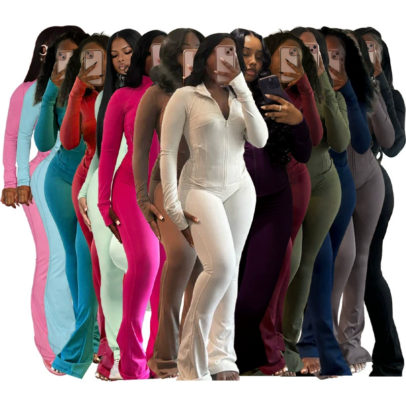 Solid Color Tight Long Sleeve Flared Suit