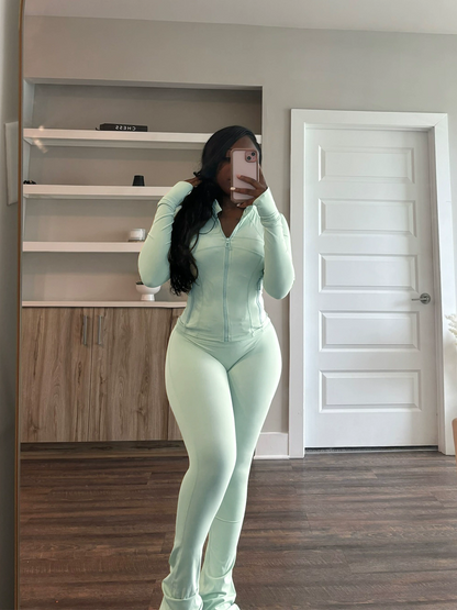 Solid Color Tight Long Sleeve Flared Suit