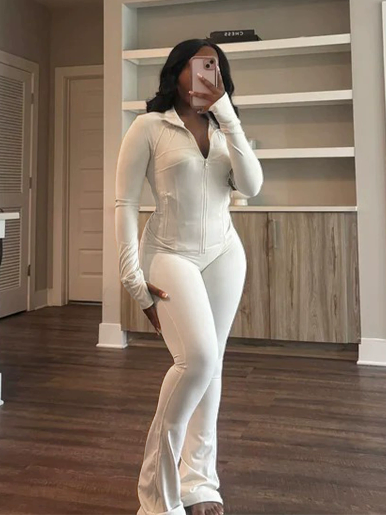 Solid Color Tight Long Sleeve Flared Suit