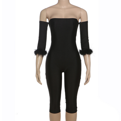 Strapless Three-Quarter Sleeve Solid Color Jumpsuit