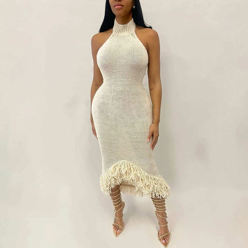 Knitted Tassel Halter Neck Dress