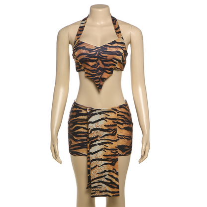 Tiger Print Halter Neck Navel-Baring Suit