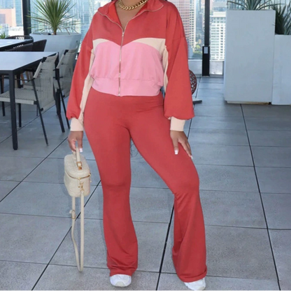 Contrast Color Zip-up Jacket & Solid Color Flared Trousers Set