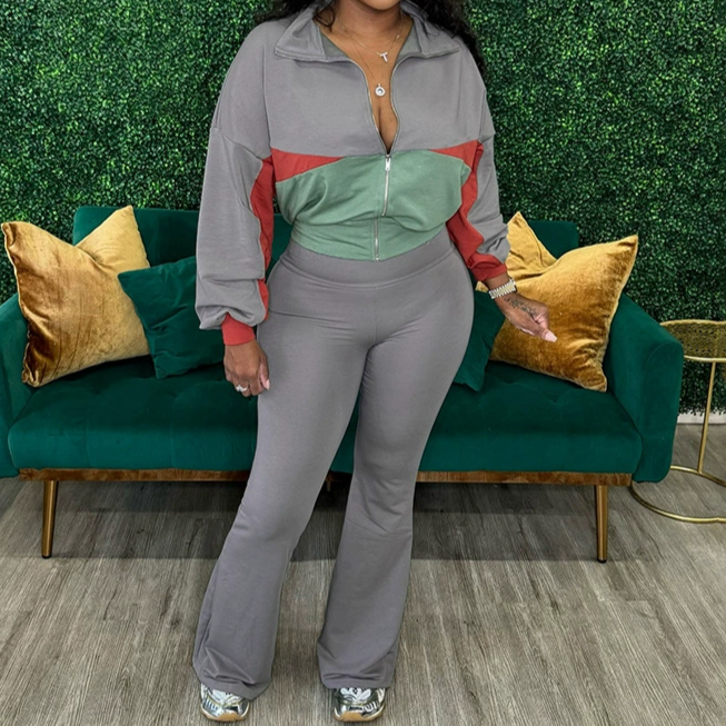 Contrast Color Zip-up Jacket & Solid Color Flared Trousers Set