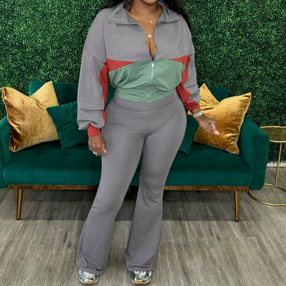Contrast Color Zip-up Jacket & Solid Color Flared Trousers Set