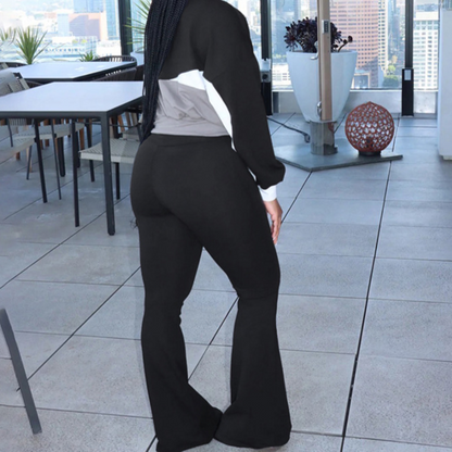 Contrast Color Zip-up Jacket & Solid Color Flared Trousers Set