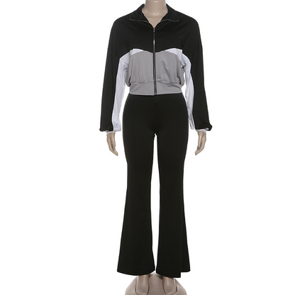Contrast Color Zip-up Jacket & Solid Color Flared Trousers Set