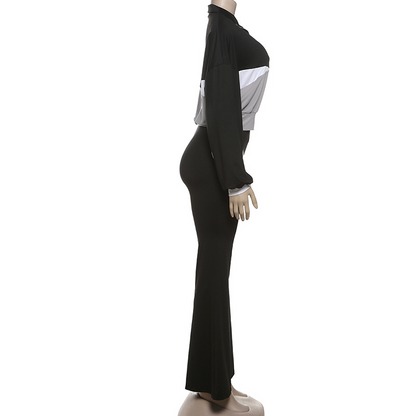 Contrast Color Zip-up Jacket & Solid Color Flared Trousers Set
