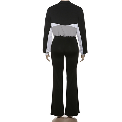 Contrast Color Zip-up Jacket & Solid Color Flared Trousers Set