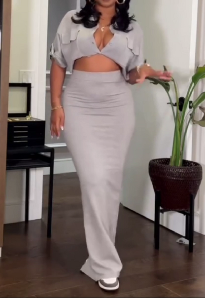 Three Color Elastic Woven Top & Skirt Set