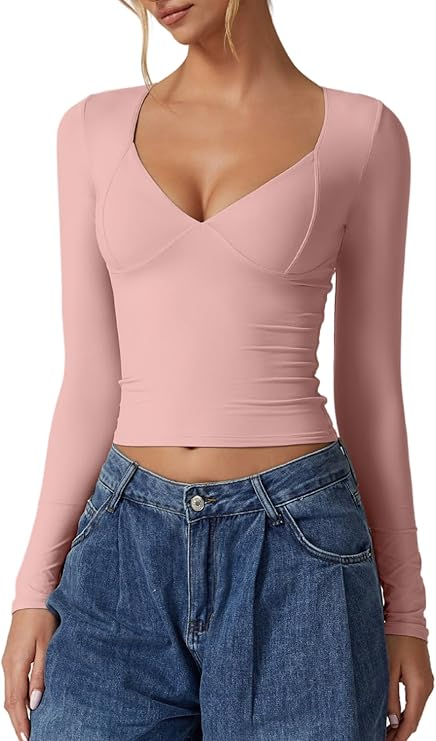 Women's Long Sleeve V Neck Cropped T-Shirt