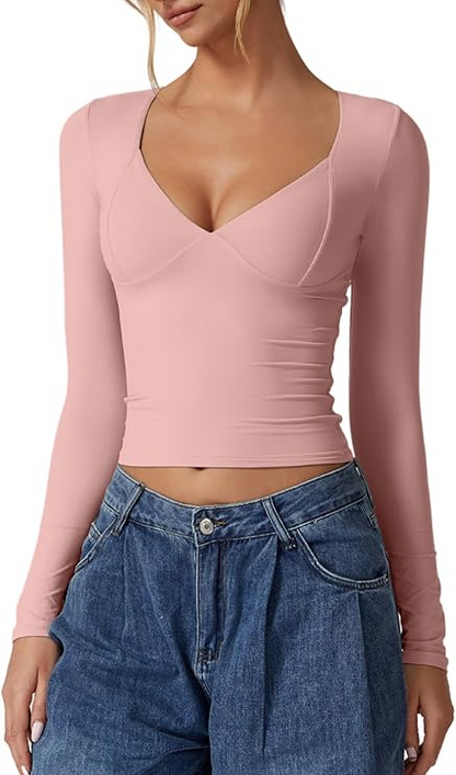 Women's Long Sleeve V Neck Cropped T-Shirt