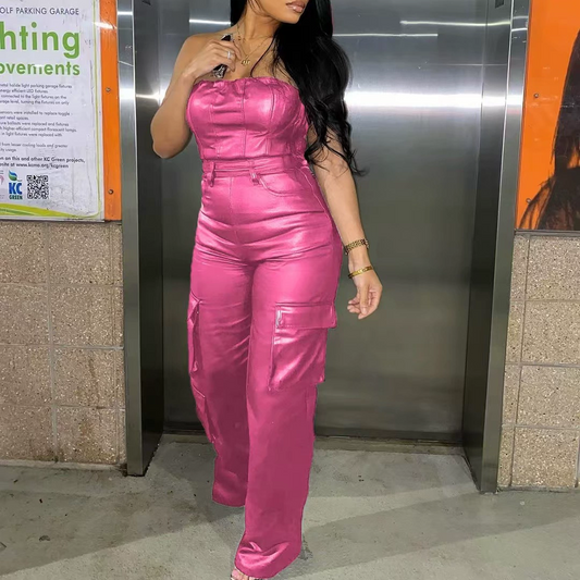 Off-the-shoulder Tube Top PU Leather Jumpsuit