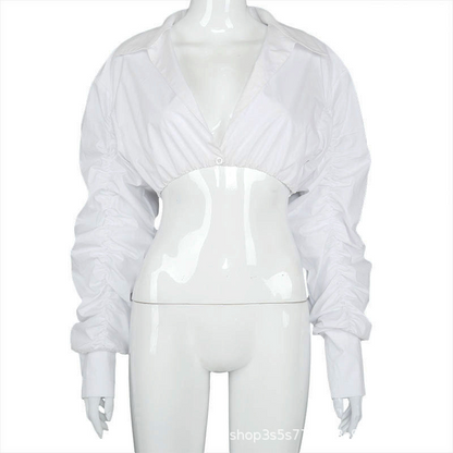Deep V Puff Sleeve Tricolor Shirt