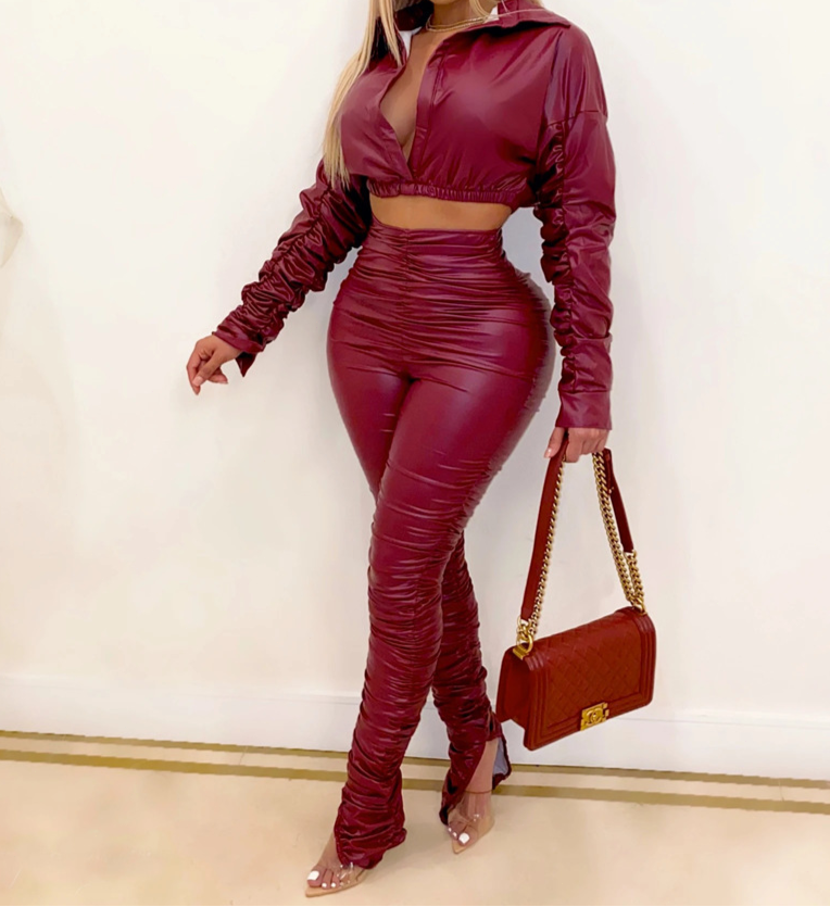 PU Leather Wrinkled Top & Pants Set