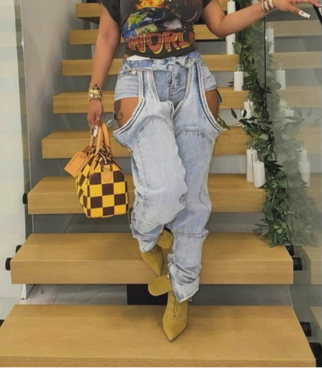 Irregular Hollow Stitching Stretch Jeans