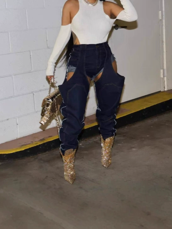 Irregular Hollow Stitching Stretch Jeans