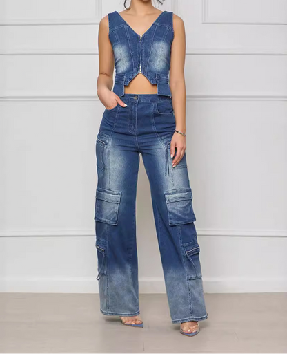 Vintage Vest Top & Cargo Wide-Leg Pants Set