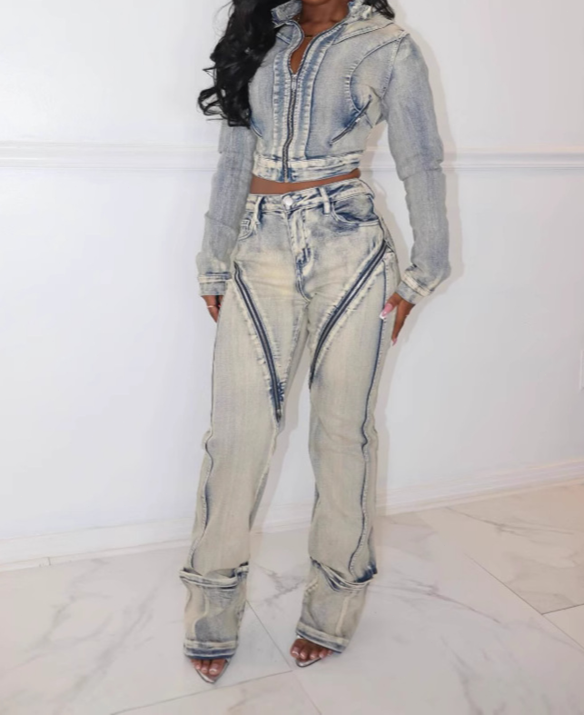 High Elastic Washed zip-up Denim Jacket Set