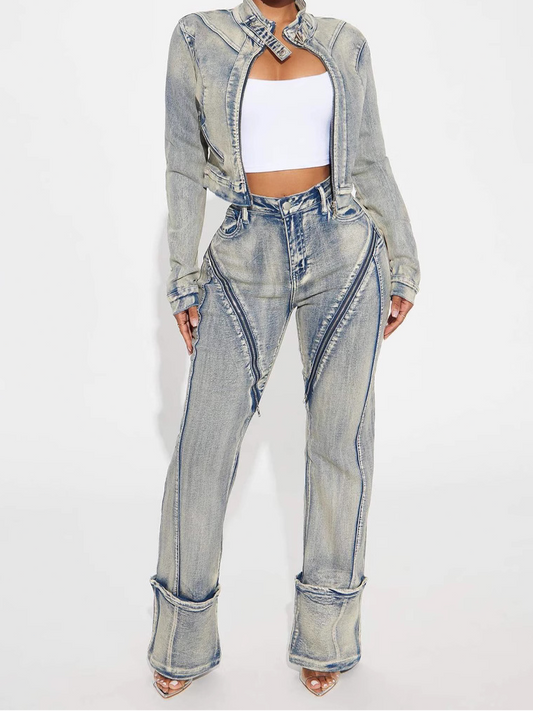 High Elastic Washed zip-up Denim Jacket Set