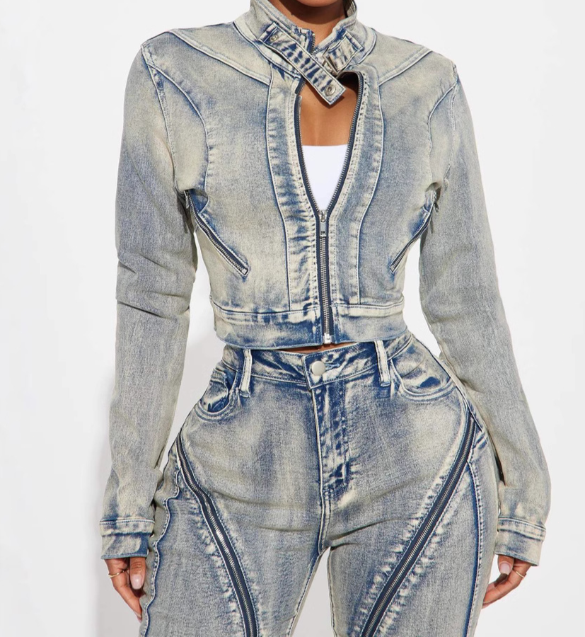 High Elastic Washed zip-up Denim Jacket Set