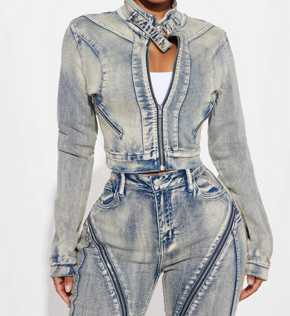 High Elastic Washed zip-up Denim Jacket Set