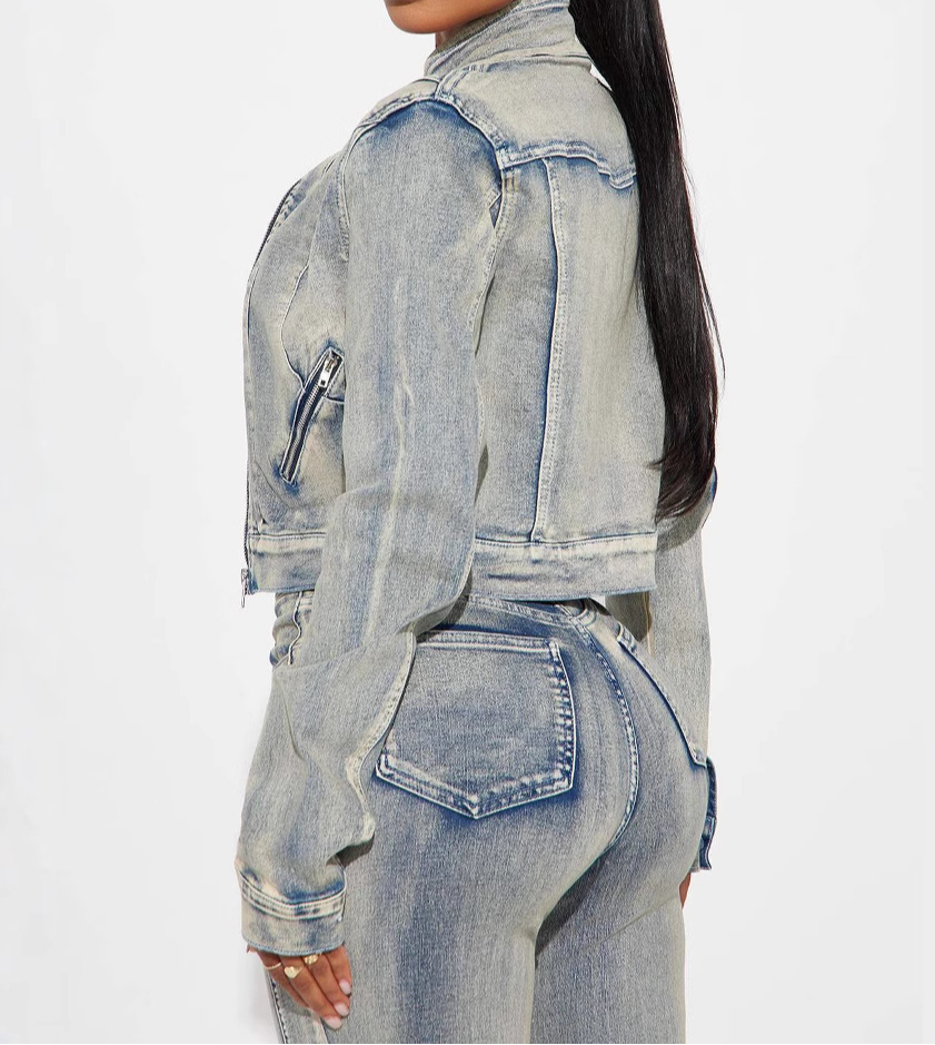 High Elastic Washed zip-up Denim Jacket Set