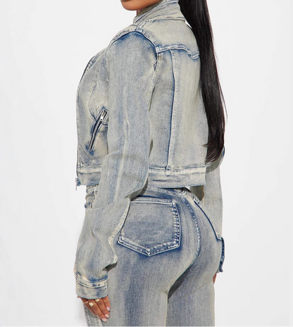 High Elastic Washed zip-up Denim Jacket Set