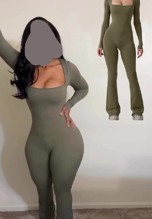 Square Neck Solid Color Long Sleeve Sports Jumpsuit