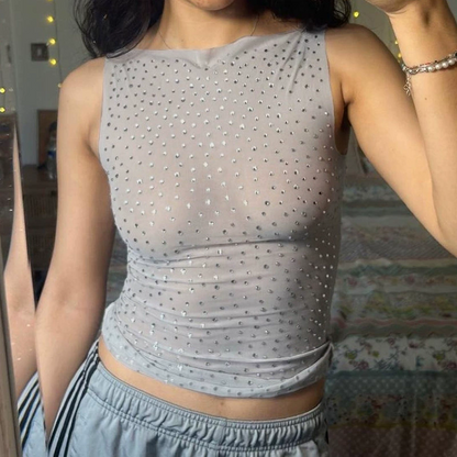 Sexy See-Through Mesh Vest With Hot Diamonds