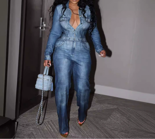 Faux Denim Print Jumpsuit