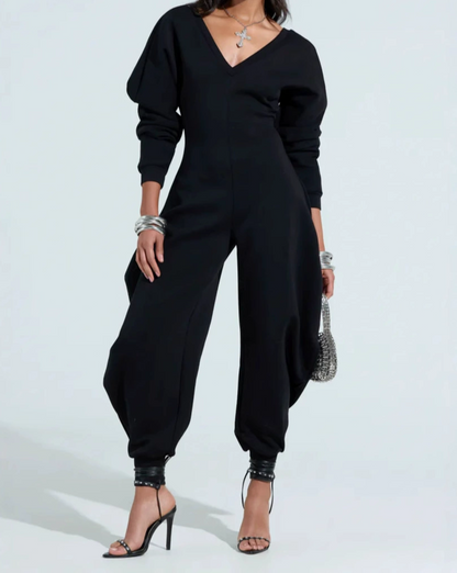 Deep V Neck Long Sleeve Shapely Jumpsuit