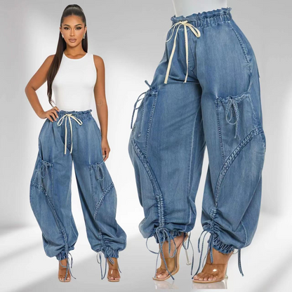 Elastic Waist Drawstring Jeans With Bow Tie