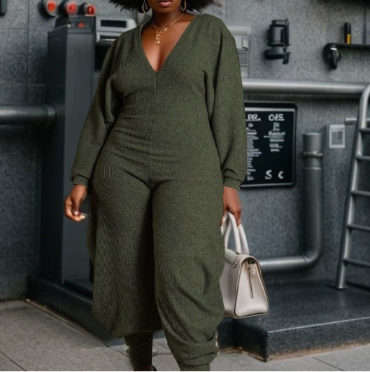 Ribbed Cuffs Tricolor Elastic Jumpsuit