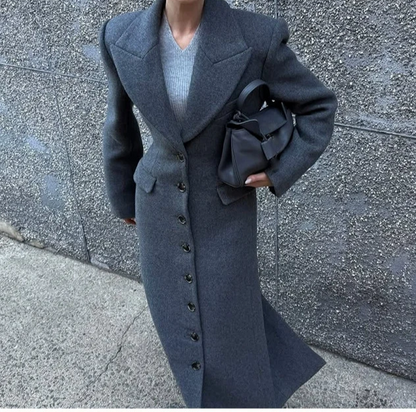 Lapel Single-Breasted High-Waist Long Woolen Coat
