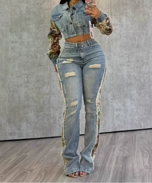 Printed Colorblock Denim Two-Piece Set