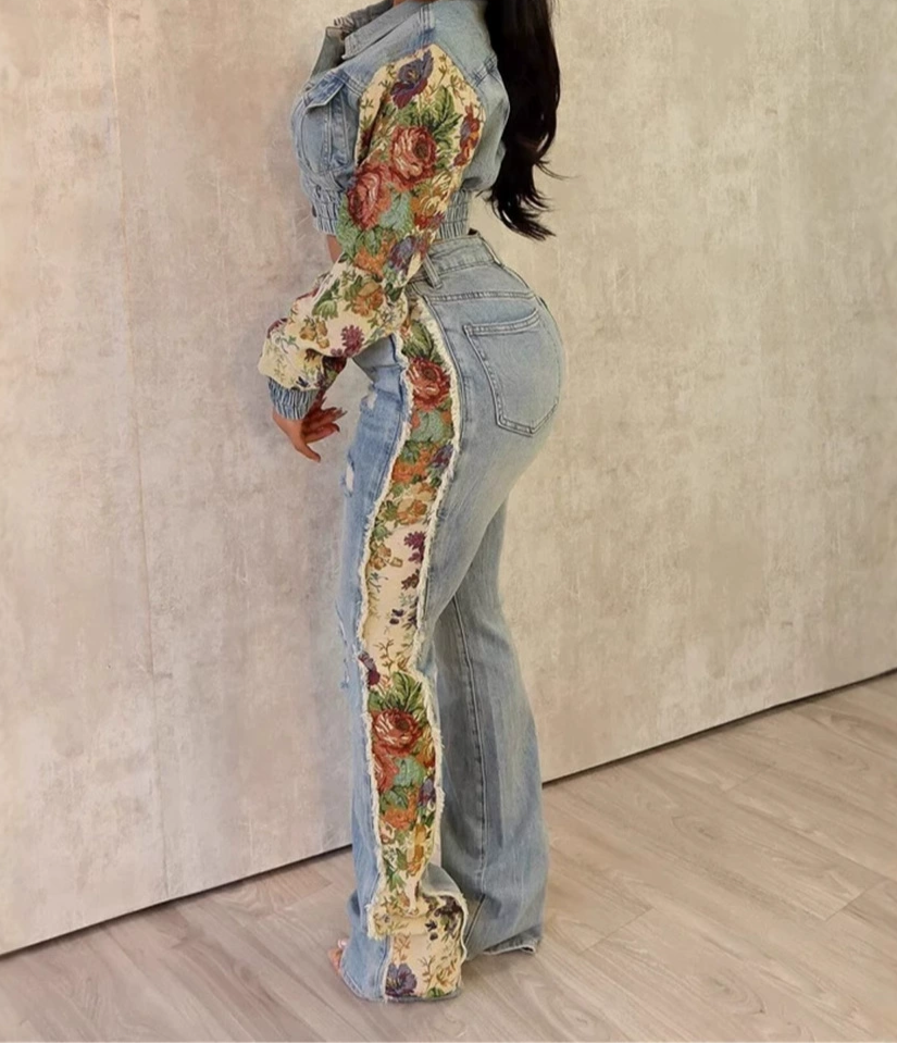 Printed Colorblock Denim Two-Piece Set