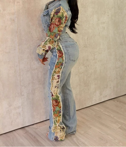 Printed Colorblock Denim Two-Piece Set