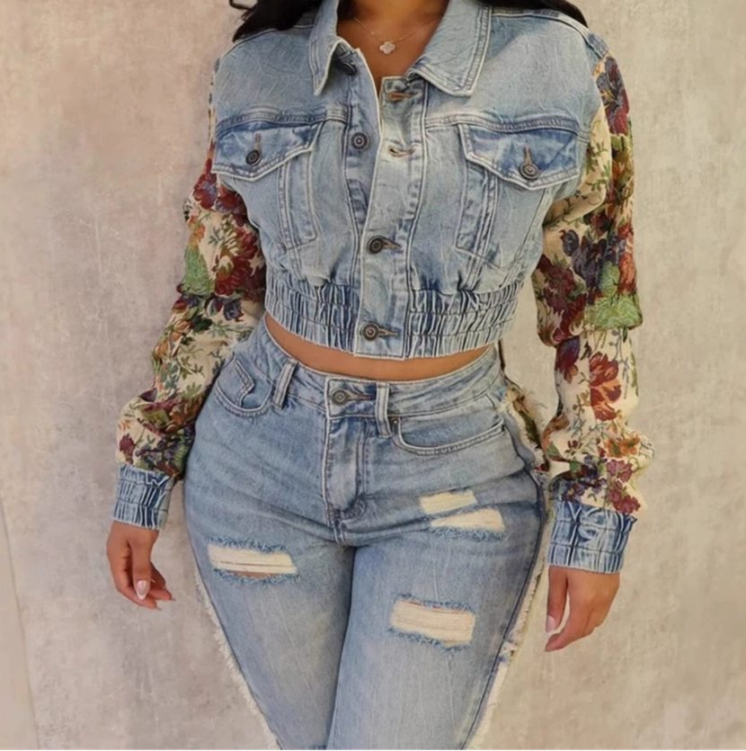 Printed Colorblock Denim Two-Piece Set