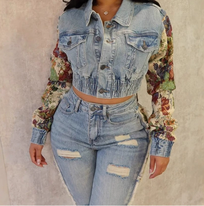 Printed Colorblock Denim Two-Piece Set