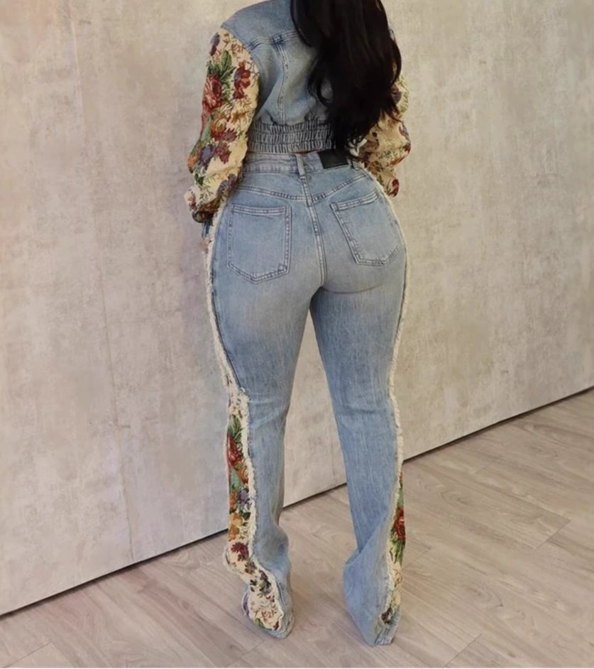 Printed Colorblock Denim Two-Piece Set