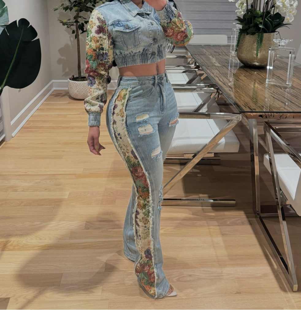 Printed Colorblock Denim Two-Piece Set
