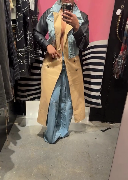 Denim Leather Mixed Media Trench