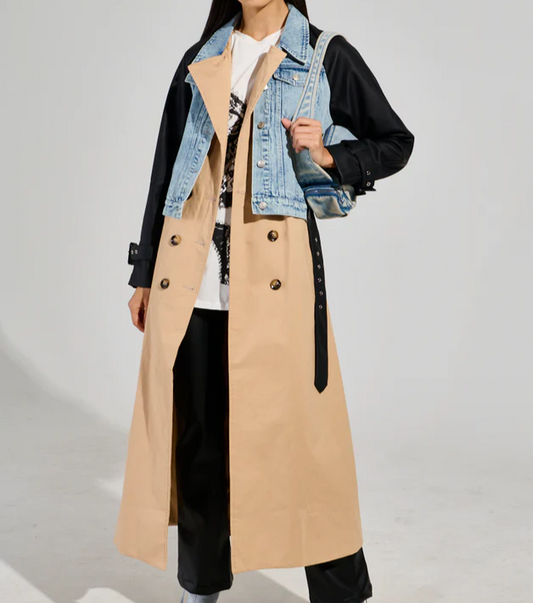 Denim Leather Mixed Media Trench