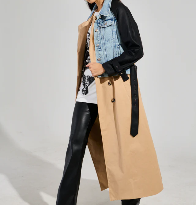 Denim Leather Mixed Media Trench
