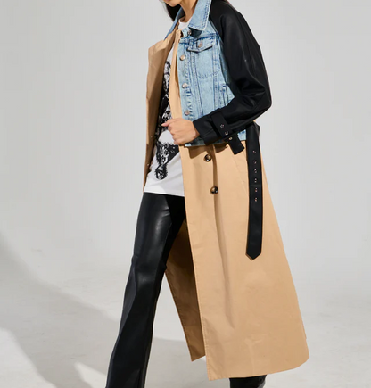 Denim Leather Mixed Media Trench