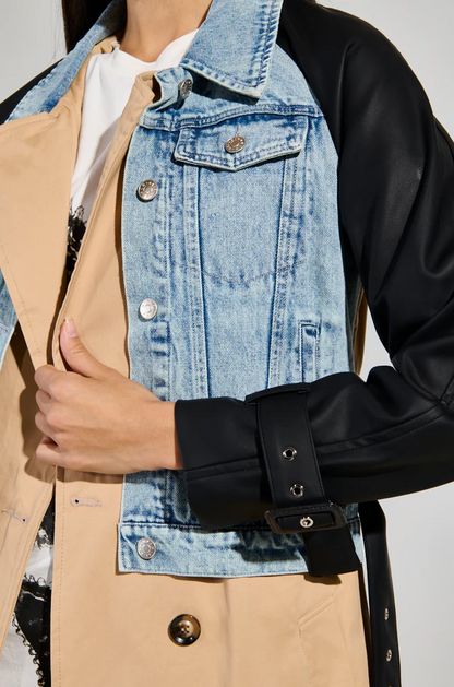 Denim Leather Mixed Media Trench